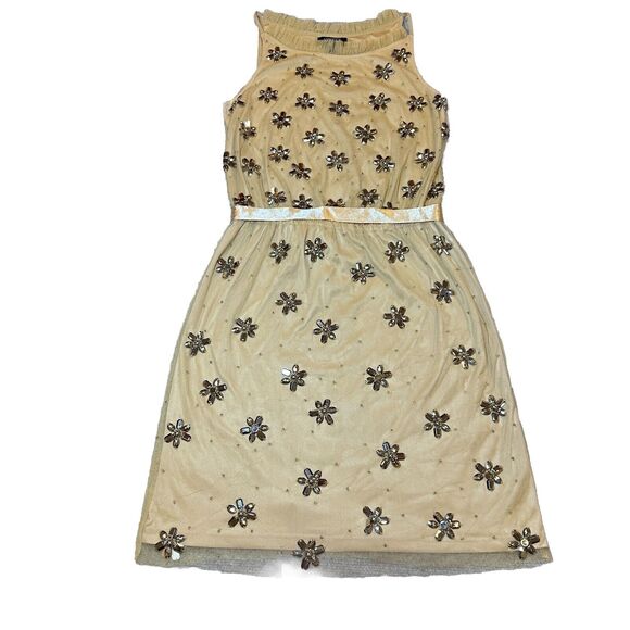 Adrianna Papell Dress Tan Gem Flowers sparkle Cocktail Evening Dress size 8 - Picture 2 of 16